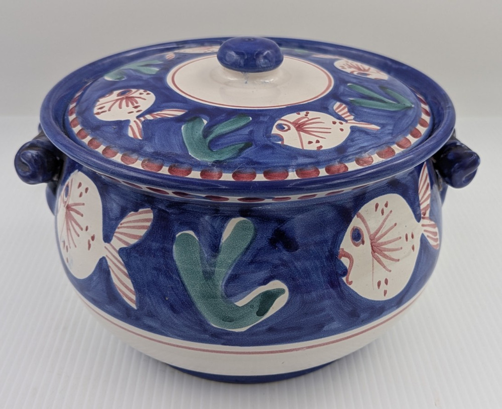 Vietri Italy Campagna Fish Pesce Blue Soup Tureen with Lid Blue with Red Dots